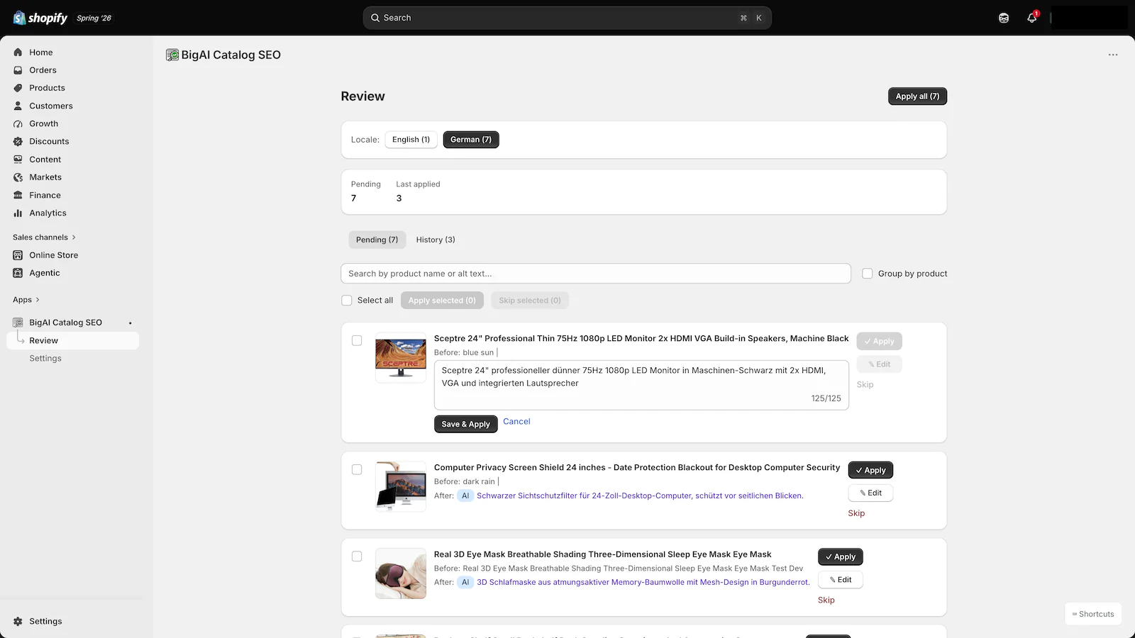 Locale review interface in BigAI Catalog SEO